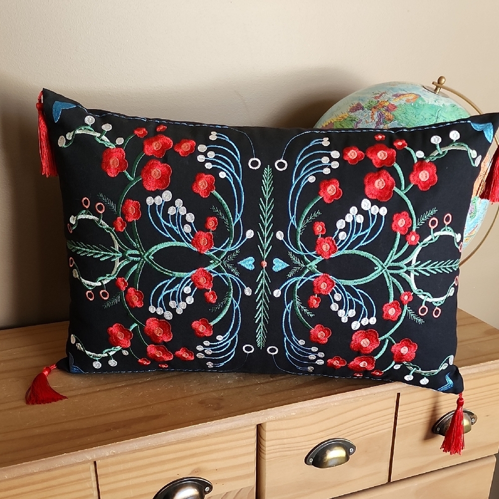 IKEA Vinterfint Embroidered Black Pillow with Red Floral Design